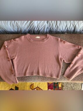Altar'd State Dusty Rose Cropped Crewneck Sweater with Sleeve Bows